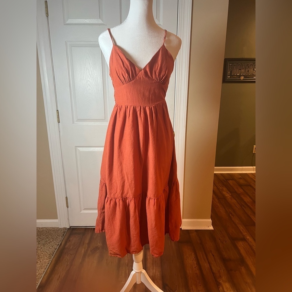 Jessica Simpson Women's XS Orange Tiered Strappy Sweetheart Linen Bl Maxi Dress
